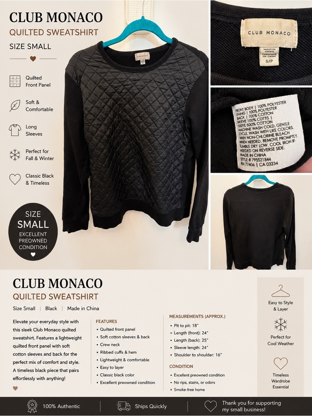 Club Monaco Black Quilted Front Sweatshirt